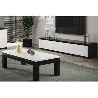 DEYTON - Ensemble Salon Laqué Noir et Blanc Meuble TV 4 Portes + Table Basse 127cm