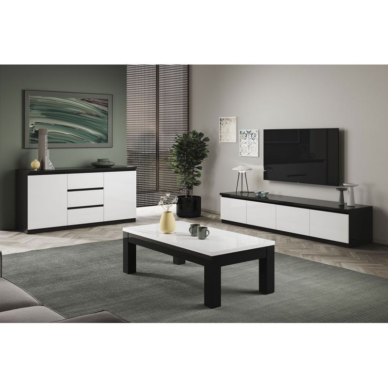 DEYTON - Ensemble Salon Laqué Noir et Blanc Meuble TV 4 Portes + Table Basse 127cm + Buffet