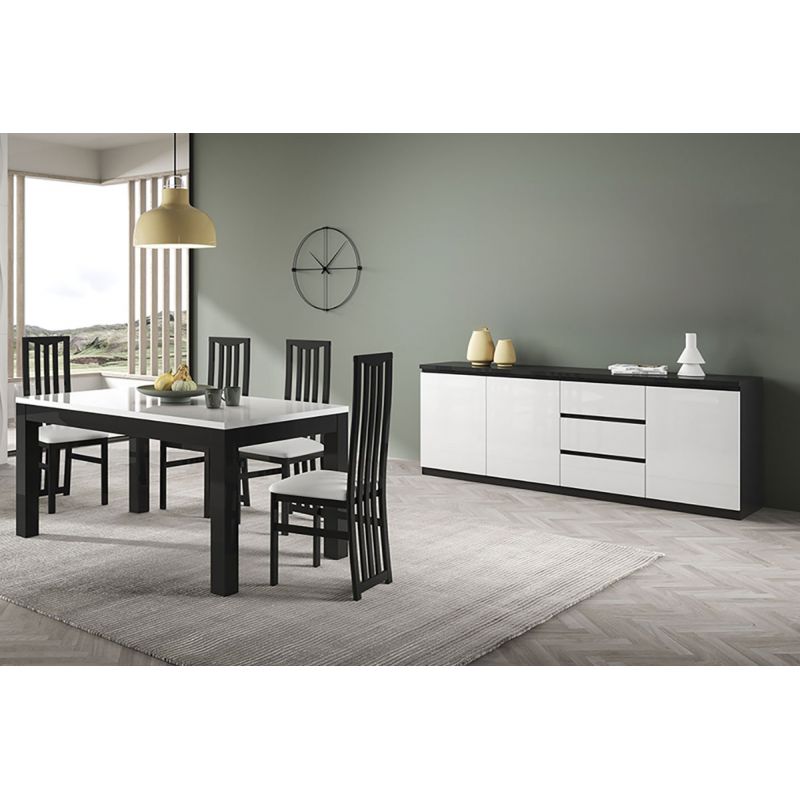 DEYTON - Ensemble Séjour Laqué Noir et Blanc Table 138cm + Buffet 3 Portes