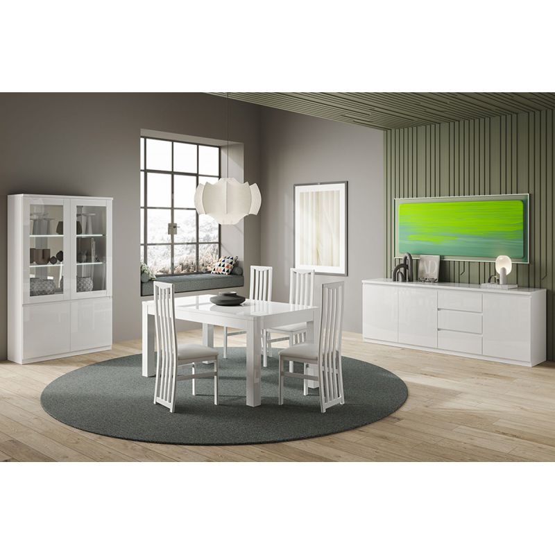 DEYTON - Ensemble Séjour Laqué Blanc Table 190cm + Buffet 3 Portes