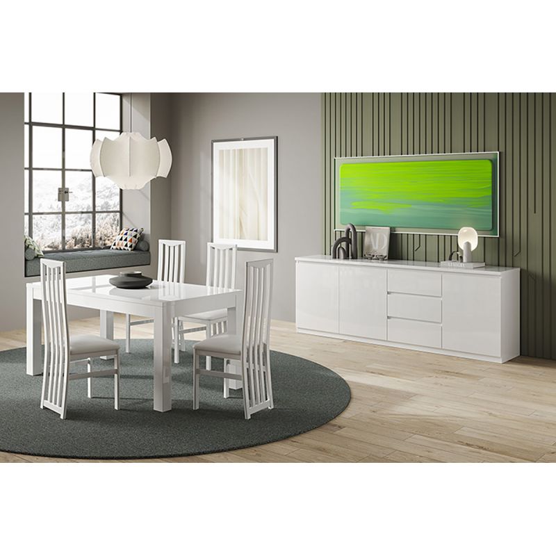 DEYTON - Ensemble Séjour Laqué Blanc Table 160cm + Buffet 3 Portes