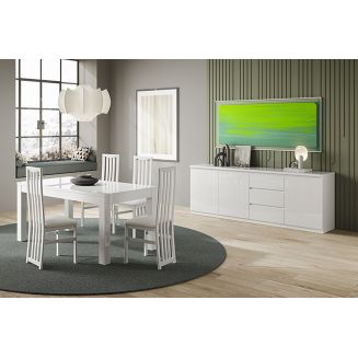 DEYTON - Ensemble Séjour Laqué Blanc Table 138cm + Buffet 3 Portes