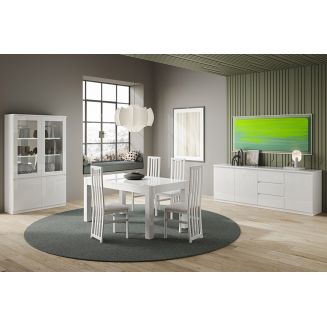 DEYTON - Ensemble Séjour Complet Laqué Blanc Table 138cm + Buffet + Vitrine avec Leds