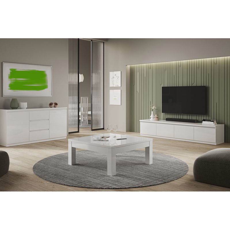 DEYTON - Ensemble Salon Laqué Blanc Meuble TV 4 Portes + Table Basse Carrée + Buffet