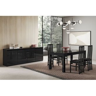 DEYTON - Ensemble Séjour Laqué Noir Table 190cm + Buffet 3 Portes