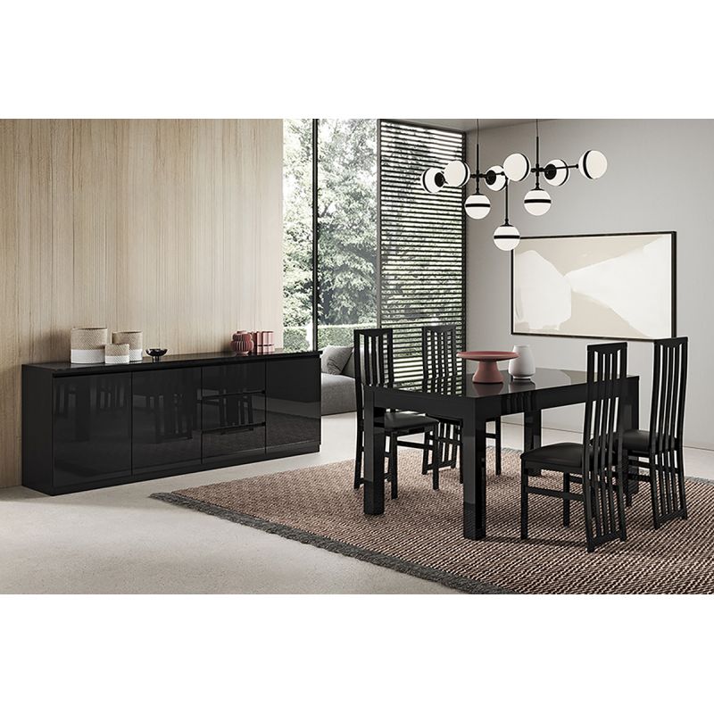 DEYTON - Ensemble Séjour Laqué Noir Table 190cm + Buffet 3 Portes