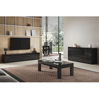 DEYTON - Ensemble Salon Laqué Noir Meuble TV 4 Portes + Table Basse 138cm + Buffet