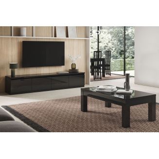 DEYTON - Ensemble Salon Laqué Noir Meuble TV 4 Portes + Table Basse 138cm