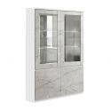 DEYTON - Ensemble Séjour Complet Blanc et Gris Marbré Table 190cm + Buffet + Vitrine avec Leds