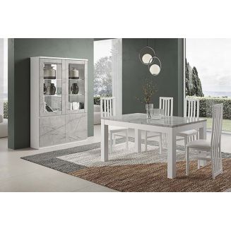 DEYTON - Ensemble Séjour Blanc et Gris Marbré Table 190cm + Vitrine avec Leds