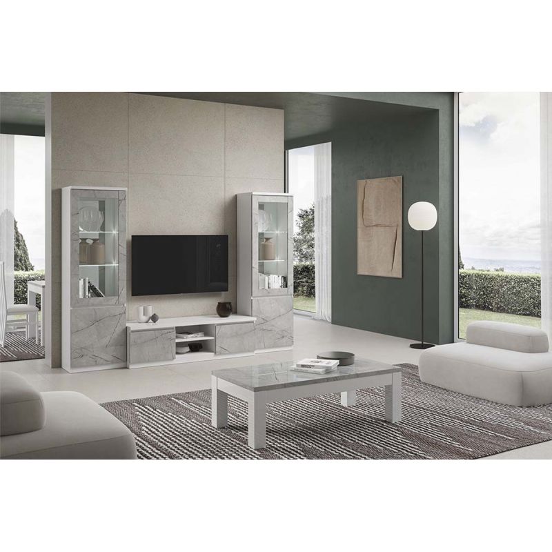 DEYTON - Ensemble Salon Complet Blanc et Gris Marbré Meuble TV + Vitrines avec Leds + Table Basse 138cm