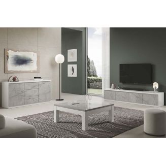 DEYTON - Ensemble Salon Blanc et Gris Marbré Meuble TV 4 Portes + Table Basse Carrée + Buffet