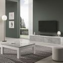 DEYTON - Ensemble Salon Blanc et Gris Marbré Meuble TV 4 Portes + Table Basse Carrée + Buffet