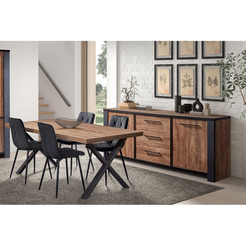 ETIENNE - Ensemble Séjour Buffet et Table 200cm Aspect Bois Denver Piètement X Métal Noir