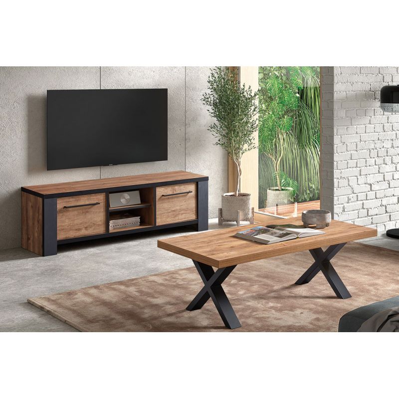 ETIENNE - Ensemble Salon Meuble TV et Table Basse Aspect Bois Denver Piètement X Métal Noir ETIENNE - Ensemble Salon Meuble TV et Table Basse Aspect Bois Denver Piètement X Métal Noir