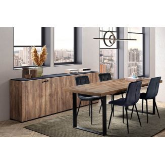 GLESS - Ensemble Séjour Buffet et Table 200cm Aspect Bois Piètement U Métal Noir