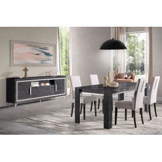 GUEDA - Ensemble Séjour Effet Marbre Anthracite Table 190cm + Buffet avec Leds