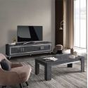 GUEDA - Ensemble Salon Effet Marbre Anthracite Meuble TV + Buffet avec Leds + Table Basse