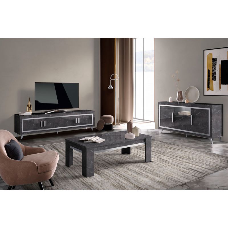 GUEDA - Ensemble Salon Effet Marbre Anthracite Meuble TV + Buffet avec Leds + Table Basse