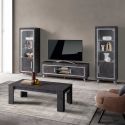 GUEDA - Ensemble Salon Complet Effet Marbre Anthracite Meuble TV et Vitrines avec Leds + Table Basse