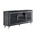 GUEDA - Ensemble Salon Effet Marbre Anthracite Meuble TV + Buffet avec Leds + Table Basse