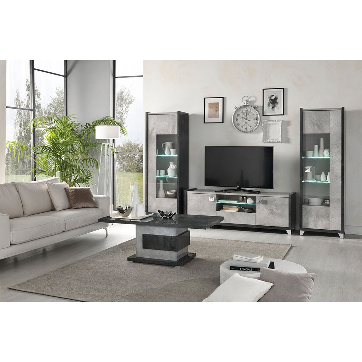 Ensemble Salon Complet RAMOS 7 Meubles Chêne/noir - Meuble TV, Buffet, Vitrines LED, étagères