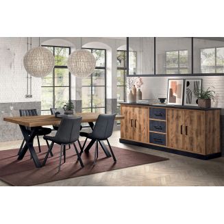 JENNA - Ensemble Table 230cm + Buffet 4 Portes Aspect Bois et Métal