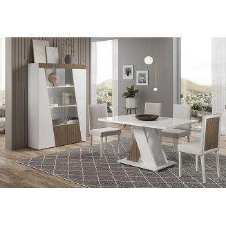 KADALA - Ensemble Séjour Blanc Décor Bois Table 190cm + Vitrine avec Leds