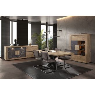 KITTRY - Ensemble Séjour Complet et Table 230cm Aspect Bois Pied Métal Noir