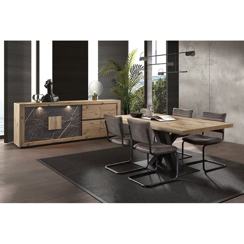 KITTRY - Ensemble Buffet et Table 230cm Aspect Bois Pied Métal Noir