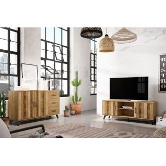 LAPPA - Pack Salon Meuble TV 136cm + Buffet 2 Portes Effet Chêne et Bois Vieilli