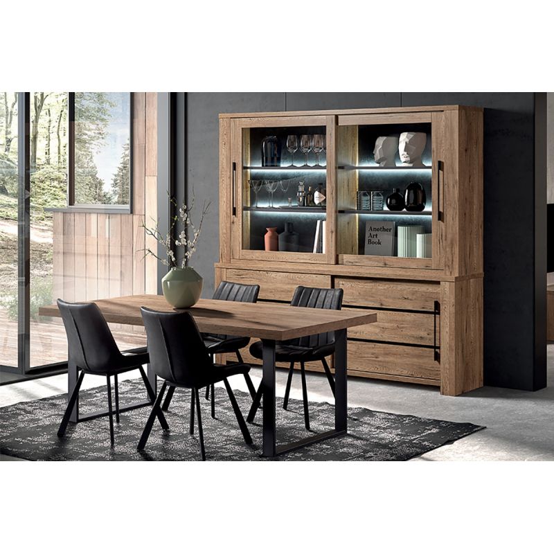 NILLA - Ensemble Buffet-Vaisselier + Table 200cm Aspect Bois