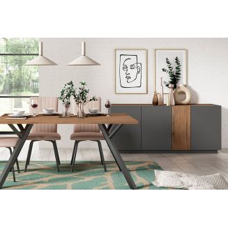 PANEIA DARK - Pack Séjour Buffet Bas 4 Portes + Table 160cm Paddy Effet Noyer