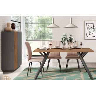 PANEIA DARK - Pack Séjour Buffet Haut 2 Portes + Table 160cm Paddy Effet Noyer