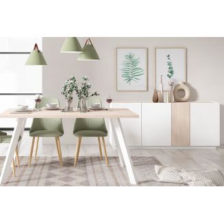 PANEIA LIGHT - Pack Séjour Buffet Bas 4 Portes + Table 160cm Sabia Effet Bois Clair