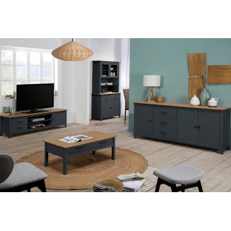 TINA - Pack Meuble TV + Table Basse + Buffet Haut + Buffet Bas 3P Bois et Bleu Pétrole