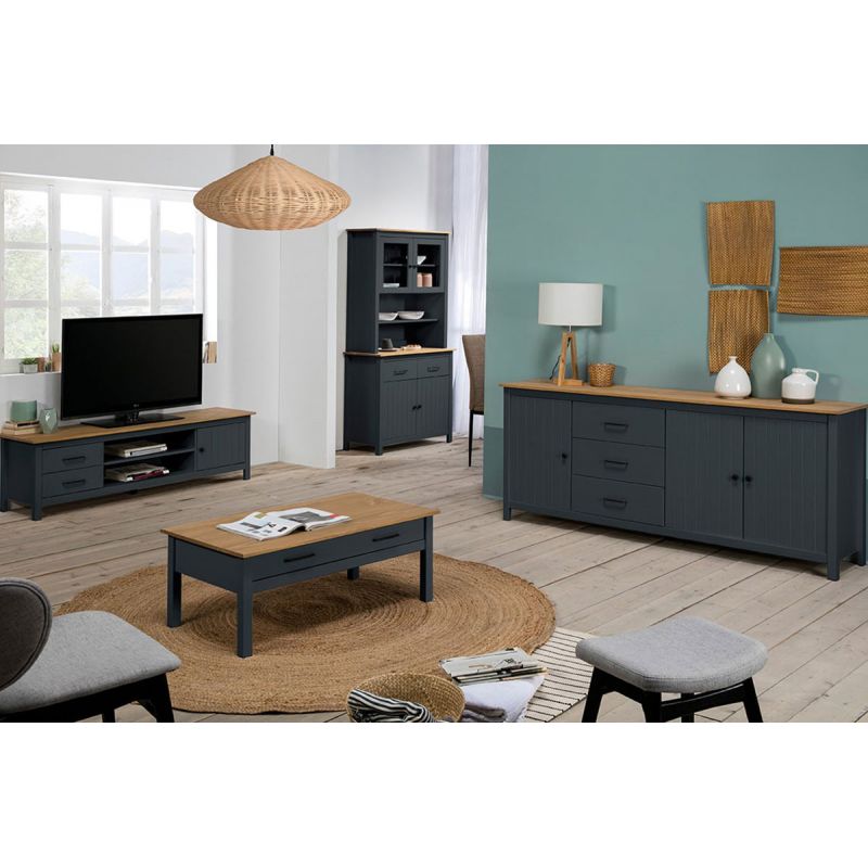 TINA - Pack Meuble TV + Table Basse + Buffet Haut + Buffet Bas 3P Bois et Bleu Pétrole