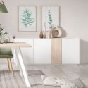 PANEIA LIGHT - Buffet Bas 4 Portes Coloris Blanc et Effet Bois Clair