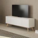 BLAJK - Meuble TV 4 Portes Scandinave MDF et Pin Massif Naturel et Blanc