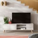 BLAJK - Meuble TV 180cm 2 Portes 2 Tiroirs Scandinave MDF et Pin Massif Naturel et Blanc