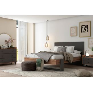 CAMINA - Chambre 160x200cm Lit + Chevets + Commode Effet Noyer et Anthracite