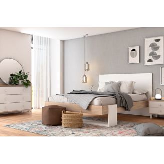 CAMINA - Chambre 160x200cm Lit + Chevets + Commode Effet Bois Clair et Blanc