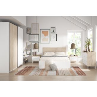 ILONA CAMINA - Chambre Complète 140x190cm avec Dressing Effet Chêne Clair et Blanc Mat