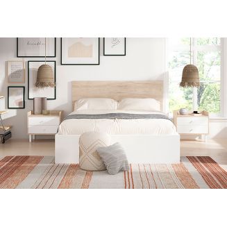 ILONA CAMINA - Pack Lit 140x190cm + 2 Chevets Effet Chêne Clair et Blanc Mat