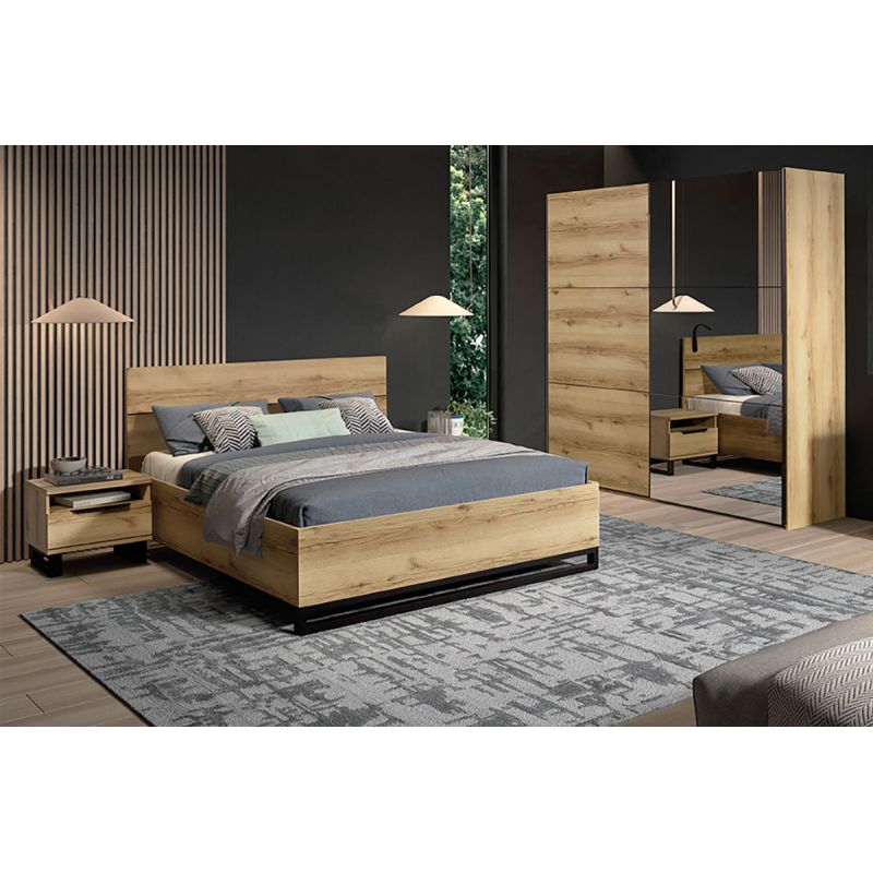 GAMMA - Chambre Lit 140x190 avec 2 Chevets et Armoire Aspect Bois