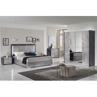 HYDE - Chambre Complète 160x200cm Gris Effet Pierre avec Leds