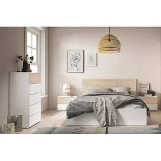 ILONA - Chambre 160x200cm Lit + Chevets + Chiffonnier Effet Chêne Clair et Blanc Mat