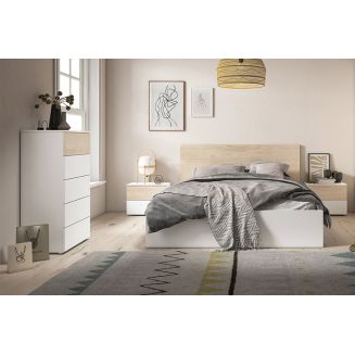 ILONA - Chambre 140x190cm Lit + Chevets + Chiffonnier Effet Chêne Clair et Blanc Mat