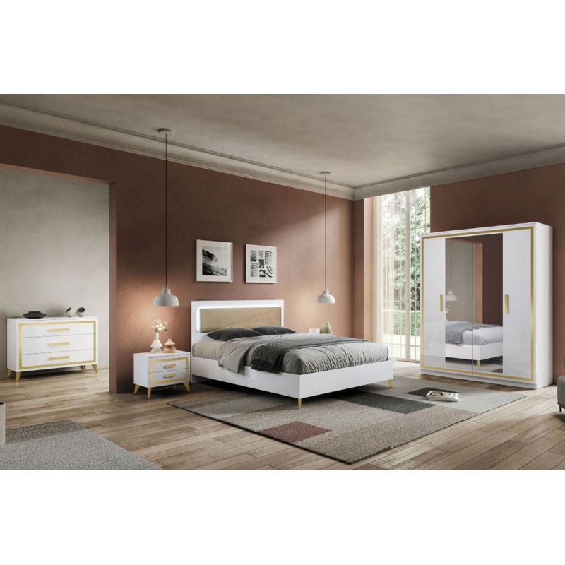 JEMMA - Chambre Complète 160x200cm Blanche et Décor Doré avec Leds