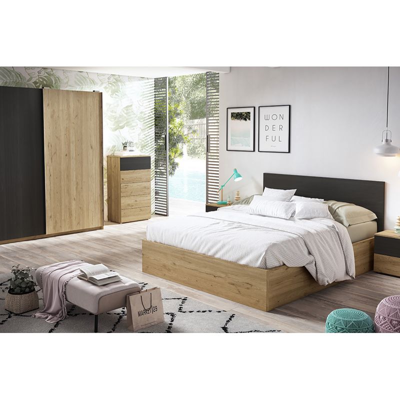 KONETIS - Chambre Complète 160x200cm avec Dressing Effet Chêne et Bois Noir